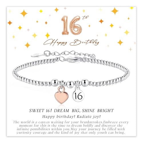 KENIY 16th Birthday Gifts for Girls, Silver Heart Bracelets for Women with Cards, 925 Sterling Silver Bracelets Adjustable, Sweet 16th Birthday Gifts for Daughter Sister Granddaughter Friends