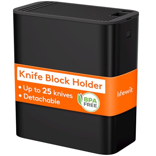 Lifewit Knife Holder Without Knives Plastic Universal Knife Organiser Space Saver Kitchen Storage Organizer with Detachable Scissors and Sharpening Rods Slots Hold Up to 25 Knives Black
