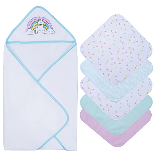 Image of saftan Baby Bath Hooded Towels Set with 5 Baby Washcloths, Super Soft and Absorbent Baby Towel and Face Cloths for Newborn, Baby Essentials for Newborn Boys and Girls