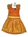 Ashwini Girl's Polyester Orange Pattu Pavadai with Golden Border (5-6 Years)