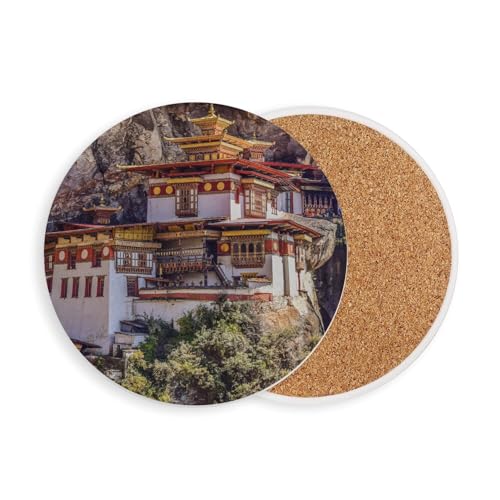 sous Verre Ronds en céramique - Monastere Bouddhiste a Flanc de Montagne Bhoutan Himalaya - 1 unité (108 x 108 mm)