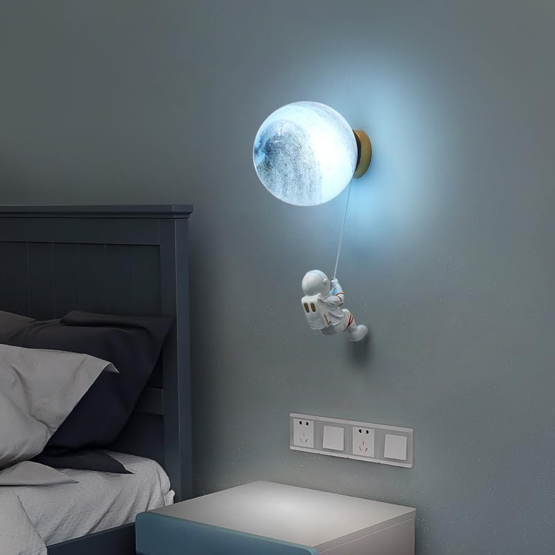 Aplique luna, luz de noche junto a la cama, aplique esférico, lámpara astronauta de dibujos animados, aplique con temperatura de color regulable, adecuado para:habitación infantil, estudio,Earth,15cm
