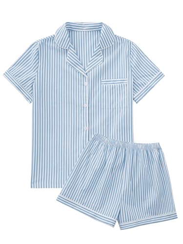 OPOIPIN Women's Striped Pajamas Set Button Down Short Sleeve Shirt 2 Piece Sleepwear with Shorts
