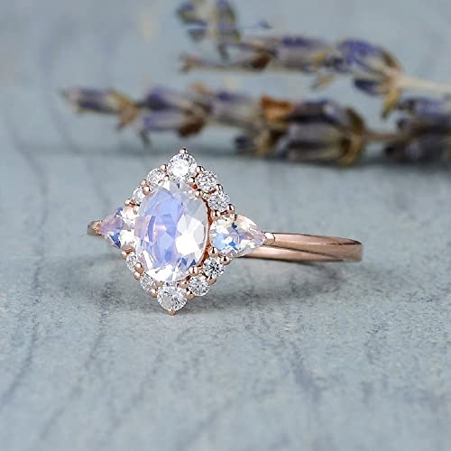 Plated 18k Rose Gold Rainbow Moonstone Rings,Women Bridal Set Statement Anniversary Ring Gift Oval & Pear Cut CZ Simulated Diamond Engagement Ring (US Size 8)4