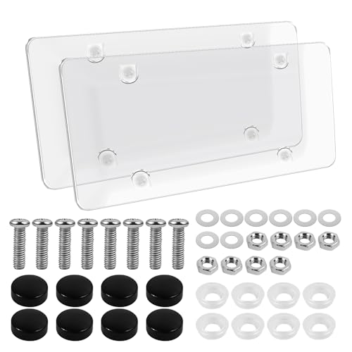 2PCS Clear License Plate Covers Transparent Flat Vehicle Tag Frame Protector with Screws & Caps 12.2 X 6.3 Inches Universal for Rv Sedan SUV