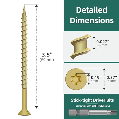 Image of Deck Screws 3-1 /2 Inch, Wood Screws #10x3-1 /2, 270 PCS 5lb, Rust Resistant Exterior Epoxy Coated Outdoor Decking Screws, Torx /Star Drive Head Deck Screw, T25 Star Bit Included, Tan by EASTPUK