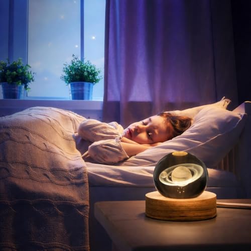 Image of Rangoli Saturn Black & White Engraved Crystal Ball with LED Light Base - 3D Laser Engraved Decorative Night Lamp for Home Decor, Office Desk, Gift.