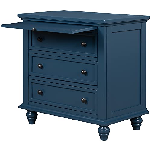 Knocbel 3-Drawer Nightstand With Pull-Out Tray, Wooden Bedside Night Stand Sofa Side End Table With Legs, 110Lbs Weight Capacity, 28.1" H X 28" W X 16.9" D (Blue) #TOP5