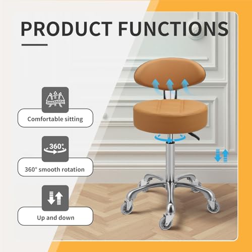 Image of Kaleurrier Rolling Stool with Back Support: Adjustable Height 22-30 inches for Nail Lash Tech Stylist - Heavy Duty Stool Chair with Wheels for Salon Shop Office Kitchen Garage