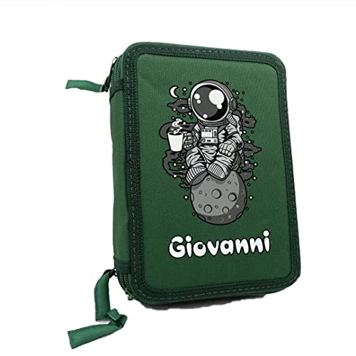 Astuccio Scuola 3 Zip Completo di 33 Pezzi con nome portatutto Portapastelli Astronauta Spazio Astro di Penne Pastelli Pennarelli Righello Temperino Gomma Taccuino bambino rosso