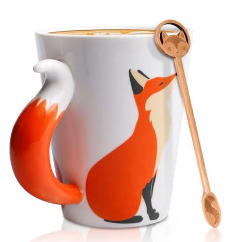 360 ml - Cadeau de renard avec cuillère - Tasse à café en céramique lisse - Renard - Mignon 3D - Cadeau de renard - Pour Noël, anniversaire, anniversaire...