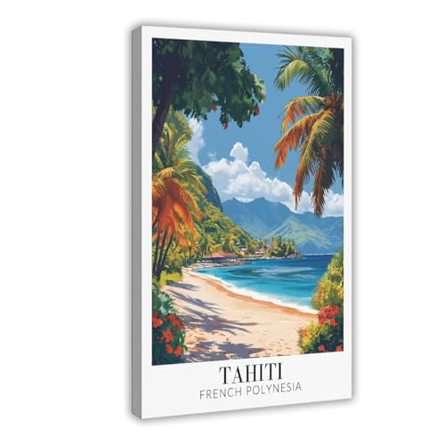 Tahiti Tropical Beach Palm Trees French Polynesia Sky Canvas Art Poster