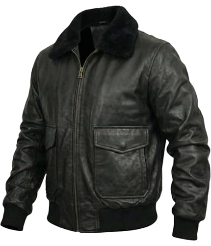 Image of Mens A2 Aviator Cockpit Bomber Leather Jacket - Distressed Pilot Jackets - G1 Fur Collar Flight Leather Jacket