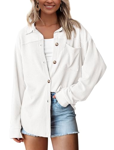 PRETTYGARDEN Women's Button Down Shirts 2025 Fall Long Sleeve Textured Stripe Tops Oversized Shacket Jacket Knit Blouses