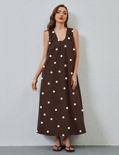 Image of Women Sleeveless Ruched Maxi Dress Scoop Neck Long Elegant Dresses Wide Shoulder Strap Blouse Dress with Side Pockets