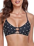 Picture of Colloyes Women's Black Polka Dot Strappy Bikini Tops Padded Swimsuit Lace Up Adjustable Bathing Suit Top Size Large