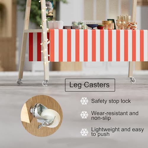 Carrito de venta móvil con toldo a rayas, soporte plegable para aperitivos, bebidas y perros calientes, perfecto para festivales, playas y vendedores de comida callejera