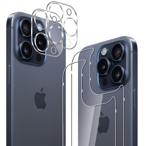 GEEMEE Compatible con iPhone 15 Pro MAX Protector de Pantalla und Trasera de Vidrio Protector de Lente de cámara,【2 Pack+ 2 Pack 】 9H Alta Cristal Templado Película Vidrio Templado