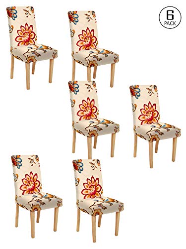 Image of Cortina Dining Chair Slipcovers | Protection Chair Covers | Floral Print, Removable, Washable | Universal Fit Super Soft Stretchy Polyester Spandex | Hotel, Marriage, Wedding | Pack of 6, Cream 1