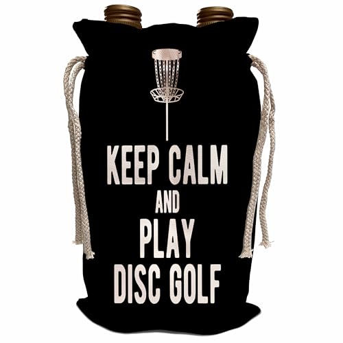 3dRose Keep Calm and Play Disc Golf with disc golf basket on black... - Wine Bags (wbg-382307-1)