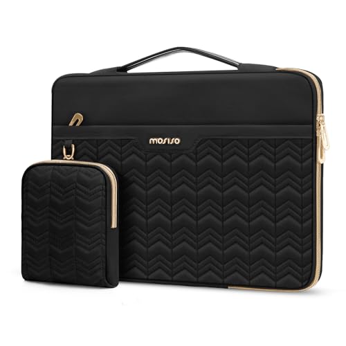 MOSISO PCケース 360保護 ラップトップスリーブケース、13-13.3インチ、対応機種 MacBook Pro 14インチ、波型キルティングサイドオープンバッグ、横型ポケット & 小さな収納ポーチ & ベルト付き(ブラック)