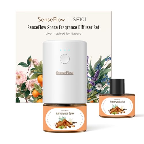 SenseFlow Difusor Aceites Esenciales Difusor de Aromas SF101 Pro– Ultrasónico Sin Agua, 100 % Vegetal, Aromaterapia120 Días, para Hogar, Hotel y Estudio Hasta 100 ㎡, Especias y Madera de Ámbar