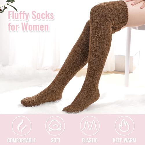 Image of Moon Wood Womens Thigh High Socks Long Soft Warm Leg Warmers Fuzzy Over Knee High Stockings Coral Fleece Plush Socks