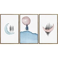 SIGNWIN Framed Canvas Wall Art Blue Mountain and Forest Nature Moon Watercolor Modern Art Farmhouse/Country Relax/Calm Pastel for Living Room, Bedroom, Office - 16