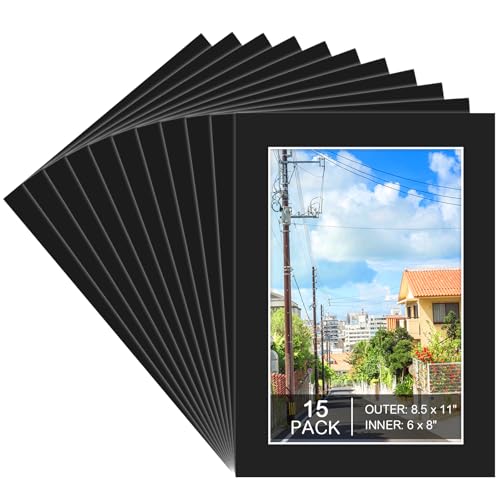 15 Pack 8.5x11 Black Picture Mats, Frame Mattes for 6x8 Pictures Photo Frame Mat Core Bevel Cut Mat Board Show Kit for Photos, Prints, Artworks