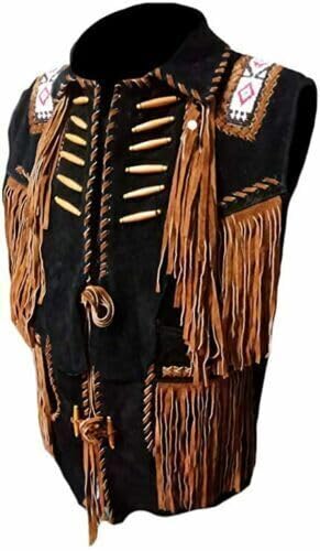 Western Suede Leather Vest Men Native American Fringe Vest Vintage Cowboy Waistcoats Tassels, Beads & Braid