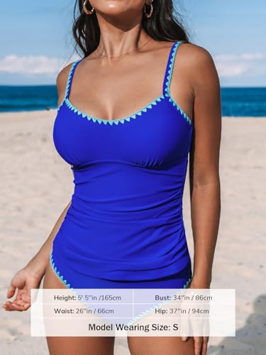 CUPSHE Women's Tankini Sets Two Piece Swimsuit Scoop Neck Mid Rise Adjustable Straps Shell Stitched, M Royal Blue4