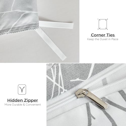 Image of Lekesky Duvet Cover Queen Size with Fitted Sheet - 4 Pieces Printed Soft Bedding Set, Includes 1 Duvet Cover 90x90 Inches with Zipper Closure & 8 Ties, 2 Pillow Cases, 1 Fitted Sheet, Grey Leaves