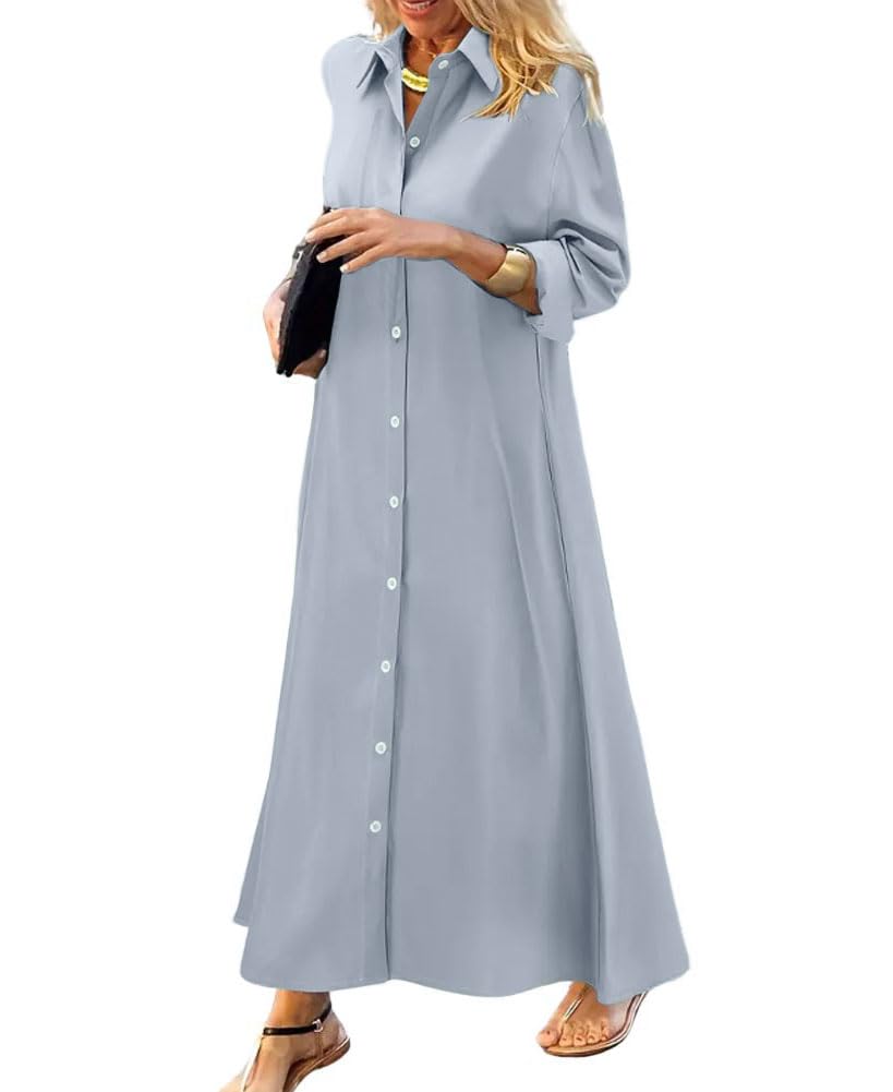 chouyatou Women's Casual Button Down Maxi Shirt Dress Long Sleeve Button Up Tunic Long Dress