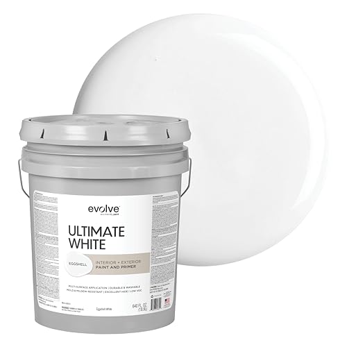 Ultimate White Paint & Primer in One, Eggshell White, 5 Gallon – Interior & Exterior, One-Coat Coverage, Excellent Hide, Low Odor, Low VOC, Washable Paint for Walls, Ceilings & Trim