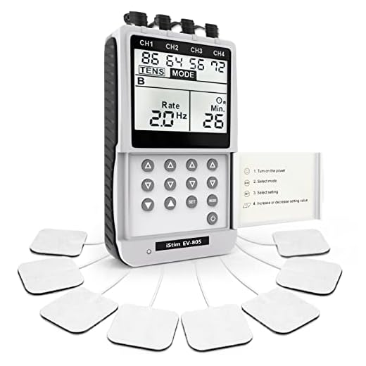 iStim EV-805 TENS y EMS de 4 canales – electroestimulador muscular digital con 16 electrodos reutilizables, portátil para terapia física, alivio del dolor y rehabilitación muscular