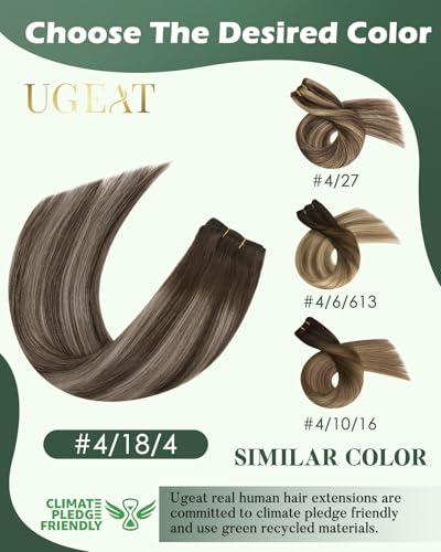 Image of Ugeat 24 Inch Weft Hair Extensions Human Hair, Sew in Weft Hair Extensions Human Hair 100g, Sew in Extensions Long Straight, Dark Brown Balayage Ash Blonde