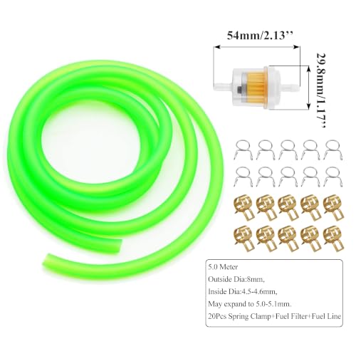 Image of PRO BAT 16.4 Ft 0.2'' I.D. Gas Fuel Line Tube + 20pcs 0.35 inch I.D. Hose Clamp | 2pcs Fuel Filters for ATV Dirt Bike Go Kart Moped Pocket Bike Most of Chinese Scooter & Stratton Small Engines Green