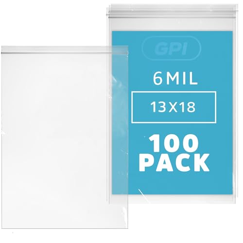 GPI - 13" x 18" Extra Large Reclosable Zip Bags, 6 Mil Extra Heavy-Duty - Pack of 100 - Clear Plastic Zipper Lock Bags, Resealable Poly Baggies For Clothing, Tools, Sharp Objects, Packaging & Storage. by GPI POLY - Used condition - US$35.11
