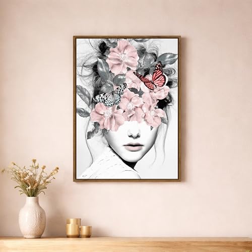 Image of Surreal Floral Mask Woman Framed Canvas Painting For Living Room | Modern Botanical Abstract Portrait Wall Art For Livingroom Wall Decor, Home Decor, Bedroom, Hallway's, Office, Hotel - 43x58 cm