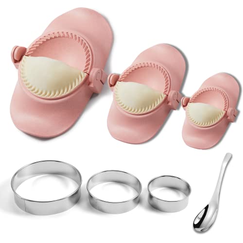 Dumpling Maker,Empanadas press mold maker Set with Dough Cutter, Dumpling Mold Set and Cutter for Pierogi, Pastelitos, Calzone, Turnovers, Chinese Dumpling, Different Sizes (7 Pack) (Pink)