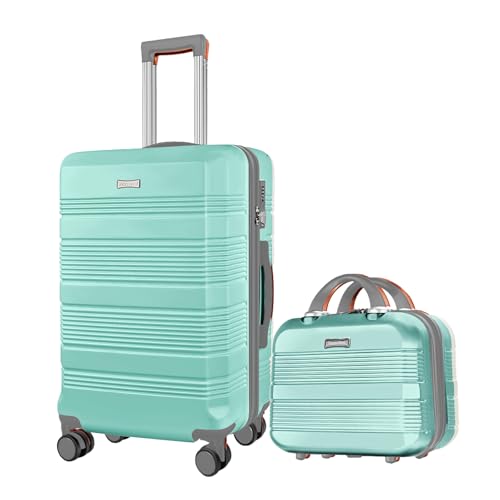 GigabitBest 2-Piece Carry On Luggage Set, 14-Inch Makeup Case & 20-Inch Suitcase, PC+ABS Hardshell, TSA Lock, Detachable 360° Spinner Wheels, Lightweight Travel Suitcase for Short Trips(Green)