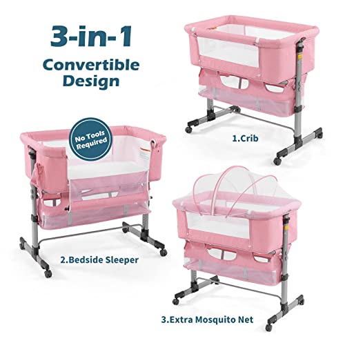 nordmiex 3 in 1 Travel Baby Crib,Baby Bed with Breathable Net,Adjustable Portable Bed for Infant/Baby with Detachable Mosquito net and Mattress,Pink