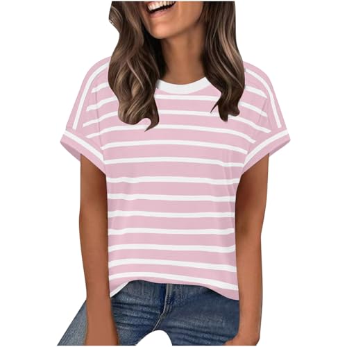 luoluoluo Striped T Shirts for Women UK, Cotton Shirt Round Neck Short Sleeve Tee Shirts Ladies Casual Blouse Classic-Fit T Shirt Stylish Tunic Tops Summer Clothes Pink