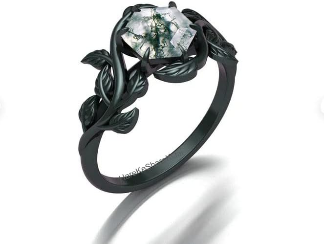 925 Sterling Silver Hexagon Cut Moss Agate Leaf Ring for Women, Unique Vintage Nature Inspired Jewelry, Black Rhodium Finish Engagement Ring, Perfect for Mom, Wife or Girlfriend