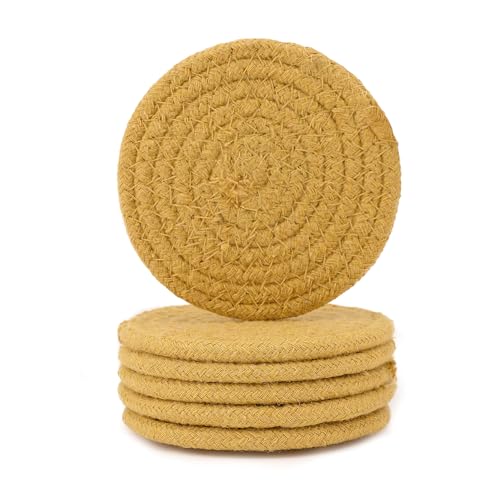 Image of Encasa XO Drink Coasters Set of 6 | Yellow with Round (9 cm) | Handcrafted Ribbed Cotton | Absorbent & Heat-Resistant | Use for Tea, Coffee Table & Desk