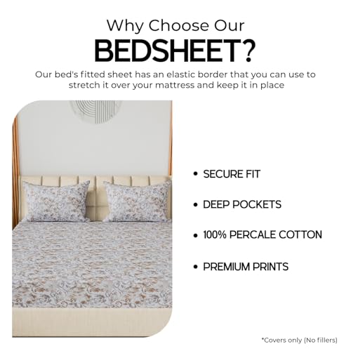 Image of LINENWALAS 100% Cotton 200 TC Double Fitted Sheet with 2 Pillow Covers | 360 Elastic Bedsheet with 4-8 inch Deep Pocket - Soft Breathable Bedding (72x72 inch, Sand Stone)