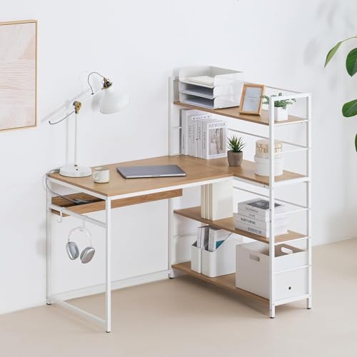 パソコンデスク L 字型 省スペース デスク 学習机 勉強机 オフィス 机 収納付き 本棚付き おしゃれ シンプル 木目調 (ナチュラル)