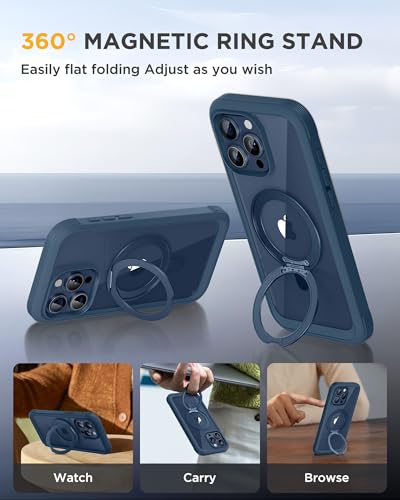 Image of Miracase for iPhone 15 Pro Max Case with 360 Magnetic Ring Stand [Compatible with Magsafe] Full-Body Drop Proof Bumper Phone Case with Built-in 9H Tempered Glass Screen Protector,Blue