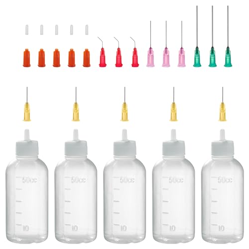 Lot de 5 flacons à aiguille de 50 ml avec 14 aiguilles fines et 12 capuchons de remplissage, colle, peinture acrylique, huile, 5 bouteilles