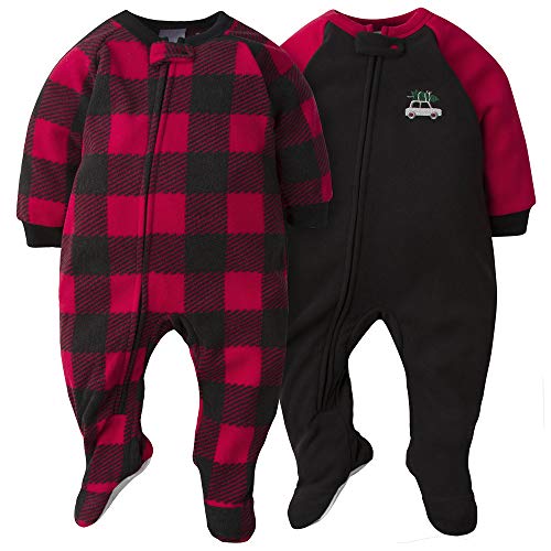 Image of Gerber Baby Boys Toddler Loose Fit Flame Resistant Fleece Footed Pajamas 2-pack Red/Grey Plaid 18 Months